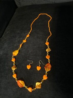Bright Orange Heart & Marbled Bead Necklace with Matching Earrings